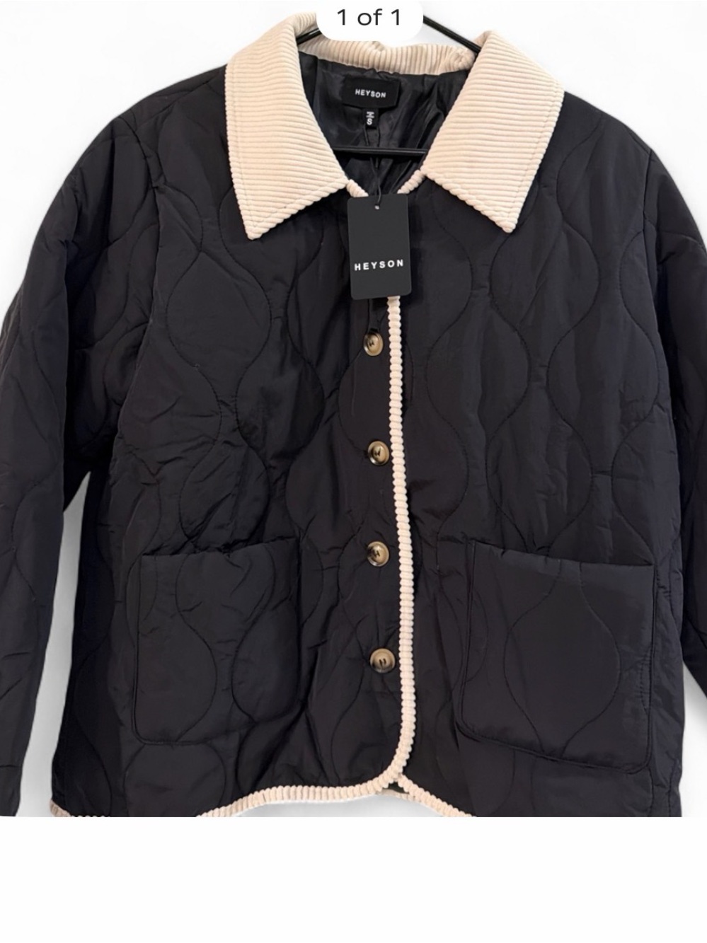 Heyson Black Quilted Jacket with Cream Corduroy Collar